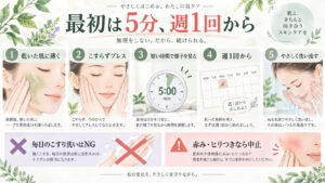 ハーブピーリングを乾いた肌に薄く塗り最初は5分週1回から始める手順