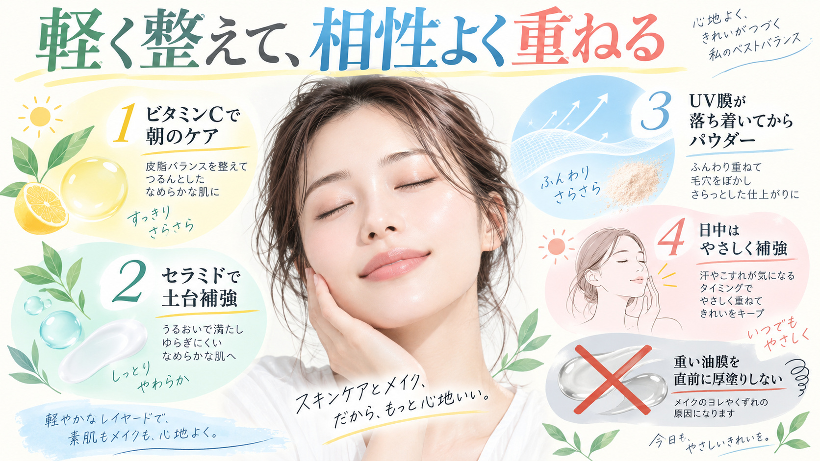 ビオレUVエアリーホールドとビタミンCやセラミドやパウダーを相性よく重ねる方法