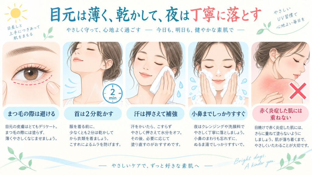 ビオレUVエアリーホールドを目元は薄く首は乾かし夜は丁寧に落とす注意点