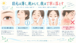 ビオレUVエアリーホールドを目元は薄く首は乾かし夜は丁寧に落とす注意点