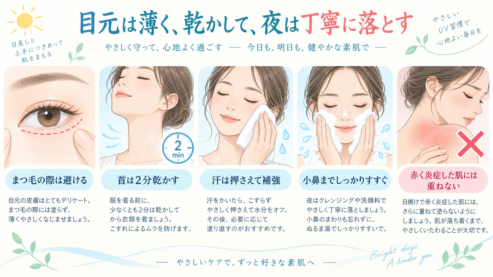 ビオレUVエアリーホールドを目元は薄く首は乾かし夜は丁寧に落とす注意点
