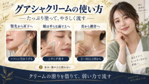 グアシャクリームの使い方。顎先から耳下、頬、首から鎖骨へやさしく流す3ステップ