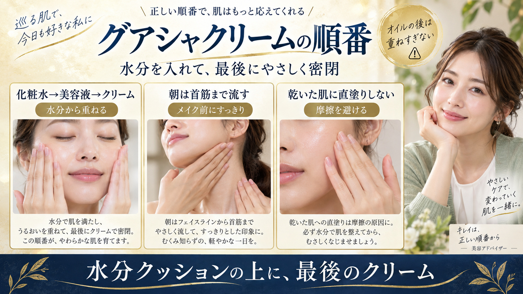 グアシャクリームを化粧水と美容液の後に重ねる正しい順番