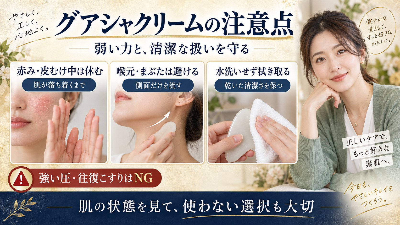 グアシャクリームの注意点。弱い力、肌状態の確認、清潔な扱いを守る方法