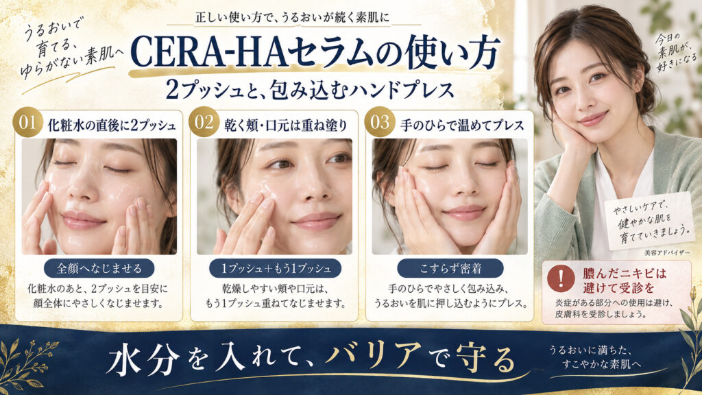 CERA-HAセラムの適量と浸透ハンドプレス。2プッシュと乾燥部位の重ね塗り