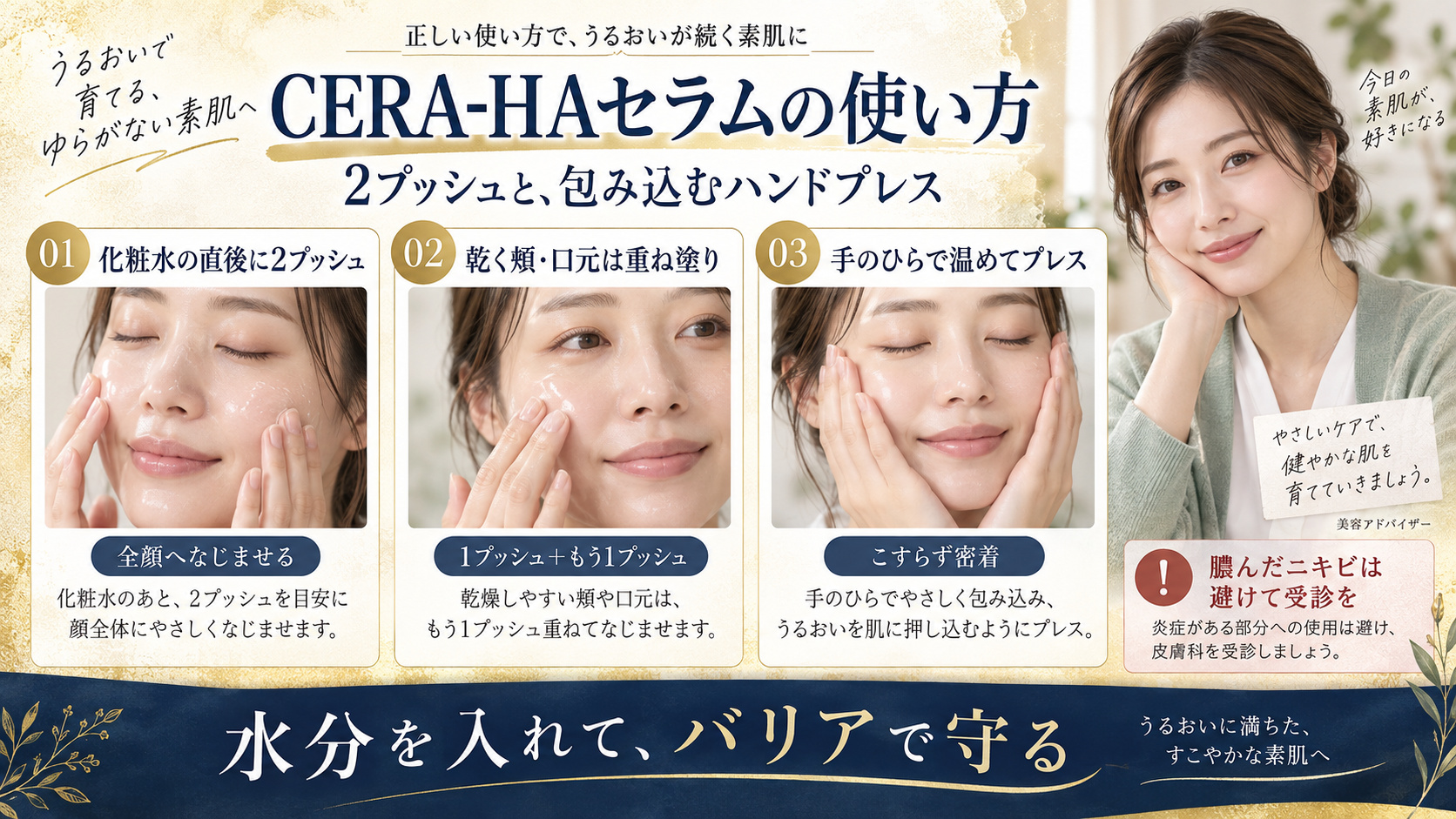 CERA-HAセラムの適量と浸透ハンドプレス。2プッシュと乾燥部位の重ね塗り