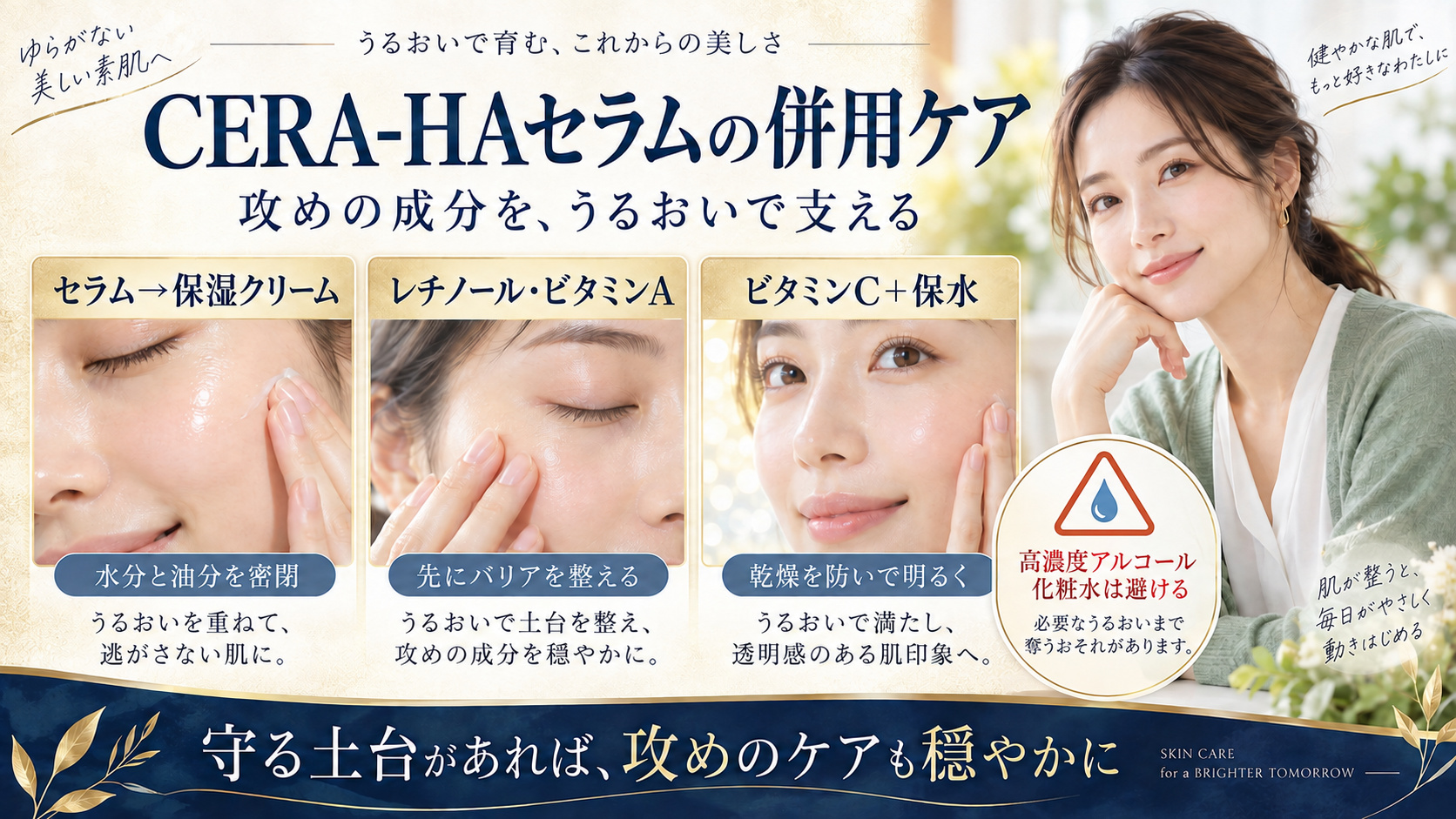 CERA-HAセラムと相性のよい保湿、レチノール、ビタミンCの併用ケア