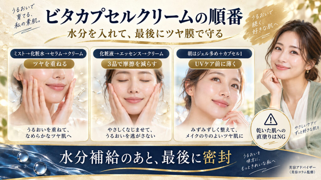 ビタカプセルクリームをミスト、化粧水、セラムの後に重ねる順番