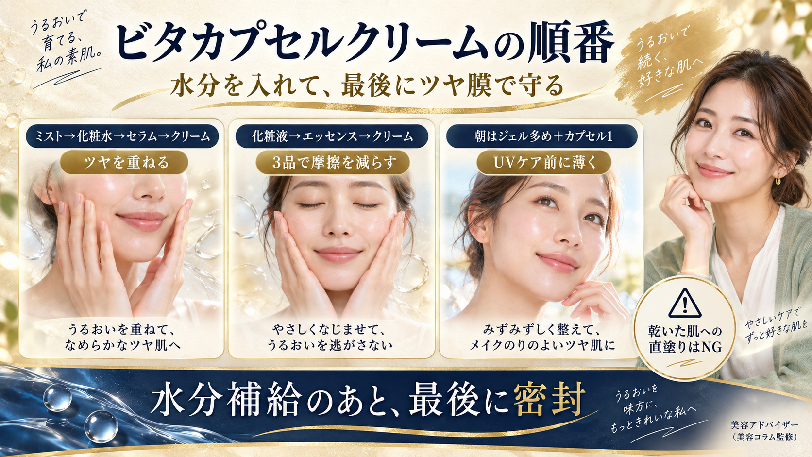 ビタカプセルクリームをミスト、化粧水、セラムの後に重ねる順番