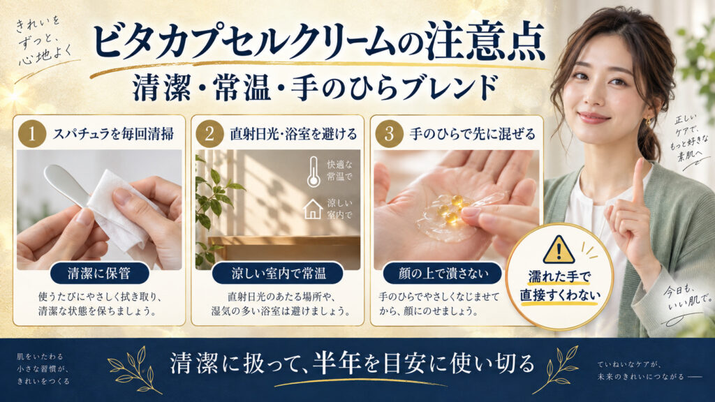 ビタカプセルクリームの保管、スパチュラ清掃、手のひらブレンドの注意点