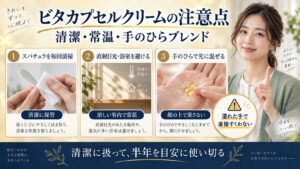 ビタカプセルクリームの保管、スパチュラ清掃、手のひらブレンドの注意点