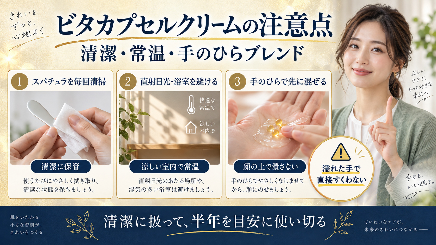 ビタカプセルクリームの保管、スパチュラ清掃、手のひらブレンドの注意点