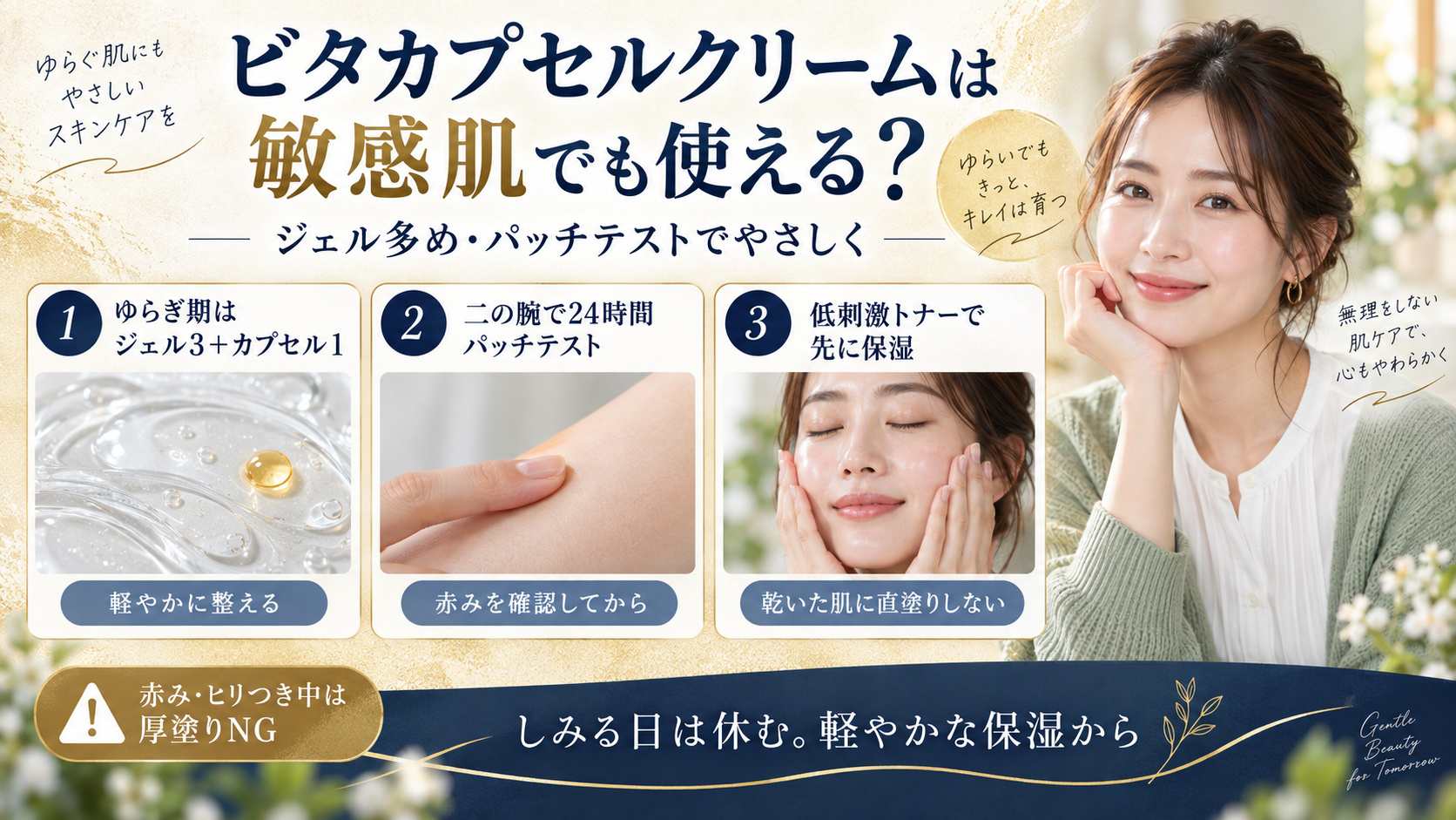 ビタカプセルクリームを敏感肌で使うときのジェル比率、パッチテスト、事前保湿