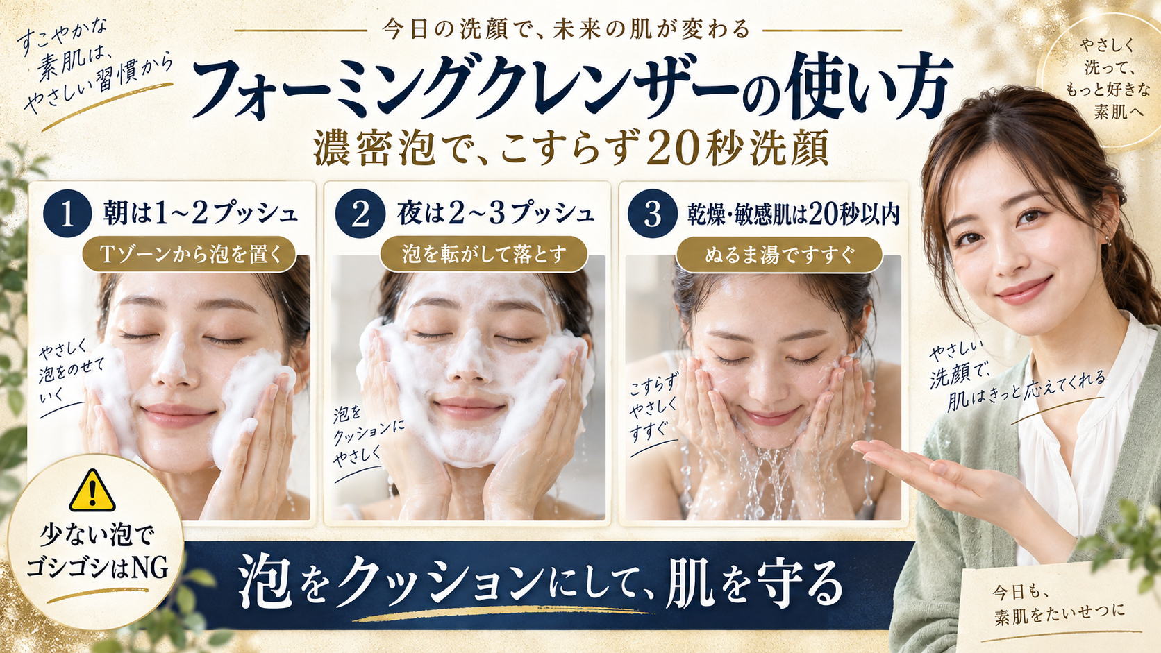 フォーミングクレンザーの適量泡と20秒の低刺激洗顔ステップ