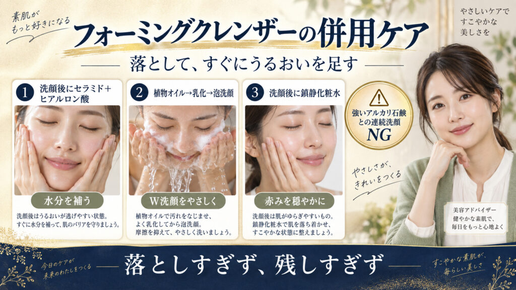 フォーミングクレンザーとセラミド、植物オイル、鎮静化粧水の併用ケア