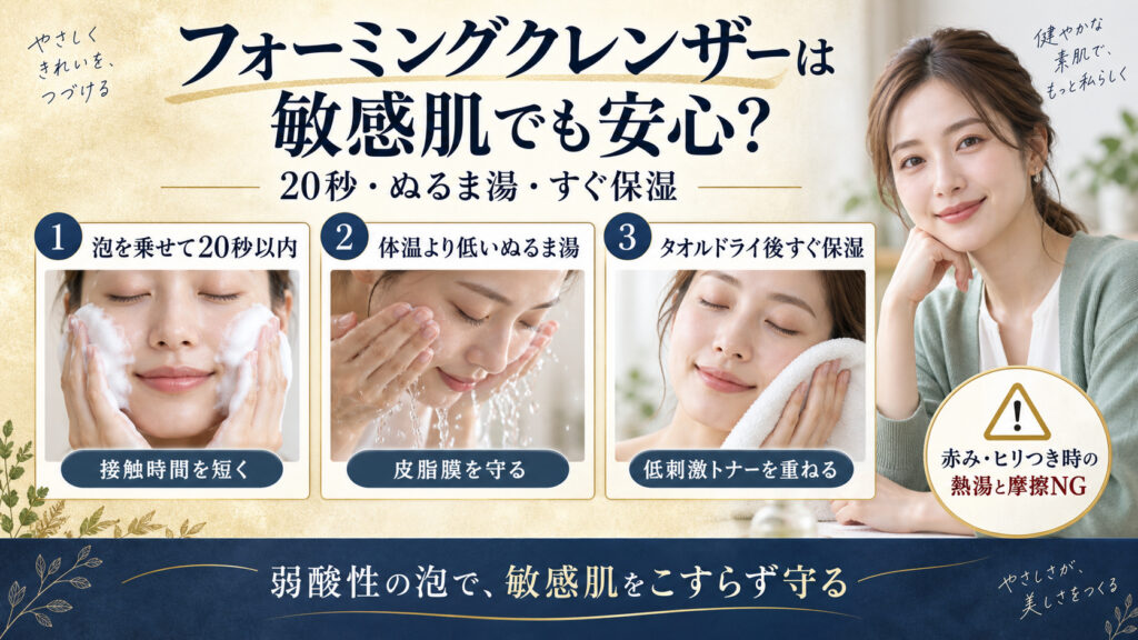 敏感肌向けフォーミングクレンザーの20秒洗顔、ぬるま湯、洗顔後保湿