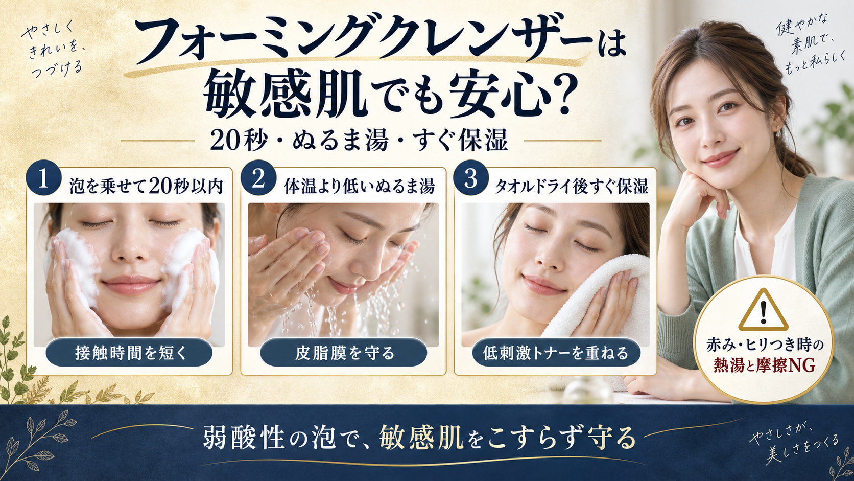 敏感肌向けフォーミングクレンザーの20秒洗顔、ぬるま湯、洗顔後保湿