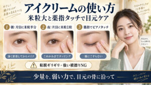 アイクリームの米粒大の適量と薬指タッチによる目元ケア