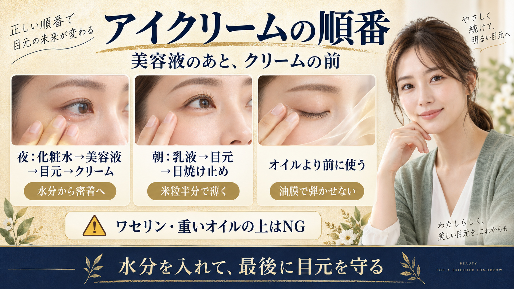 アイクリームを美容液の後、全顔クリームの前に重ねる順番