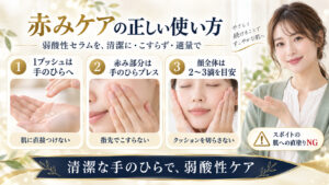 赤みケア向けセラムの手のひら使用、ハンドプレス、適量の使い方