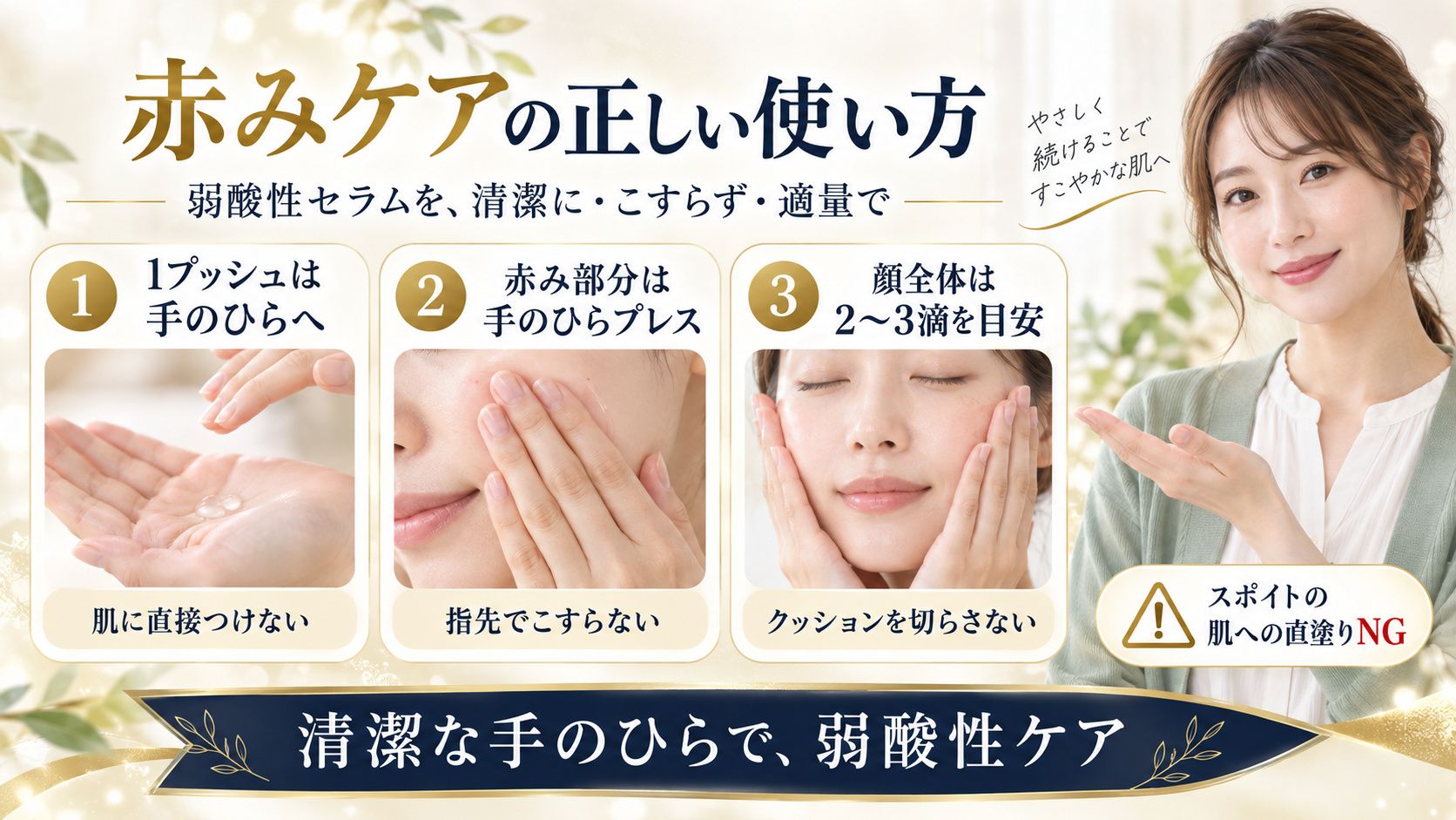 赤みケア向けセラムの手のひら使用、ハンドプレス、適量の使い方