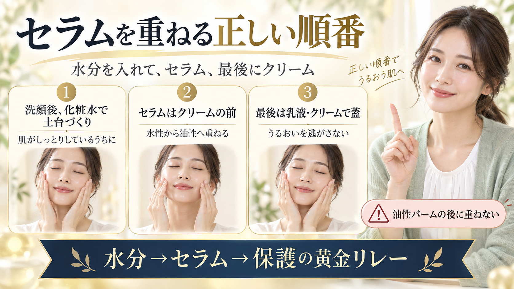 化粧水、セラム、クリームの正しい重ねる順番