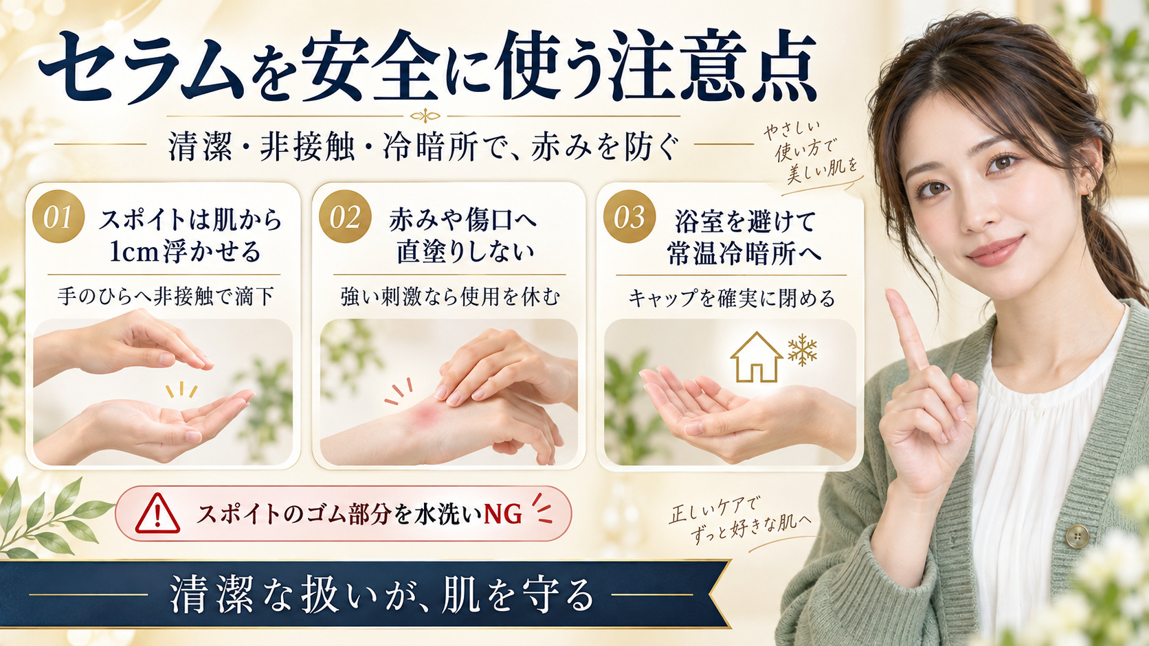 スポイトの非接触使用、傷口回避、常温冷暗所保管の注意点