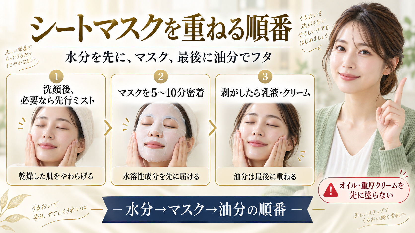 シートマスク、先行ミスト、乳液とクリームの正しい順番