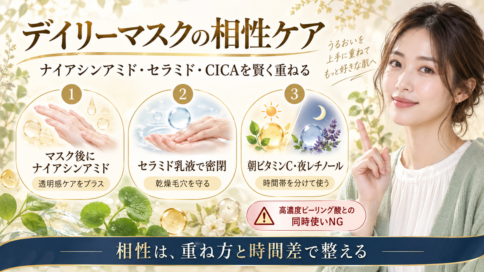 シートマスクとナイアシンアミド、セラミド、朝晩の時間差ケア