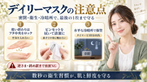 シートマスクのフタ密閉、ピンセット清拭、冷暗所保管の注意点