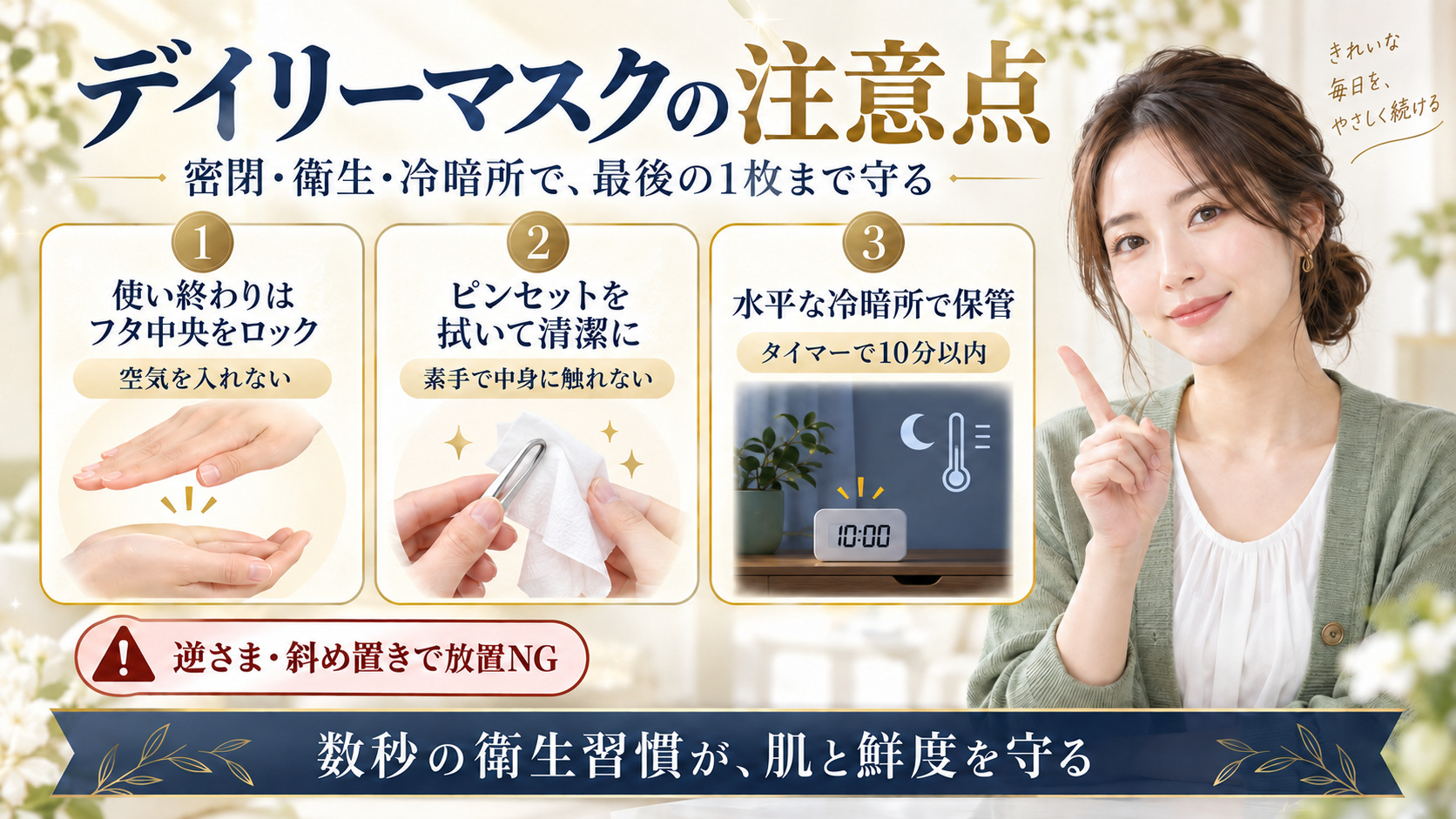 シートマスクのフタ密閉、ピンセット清拭、冷暗所保管の注意点