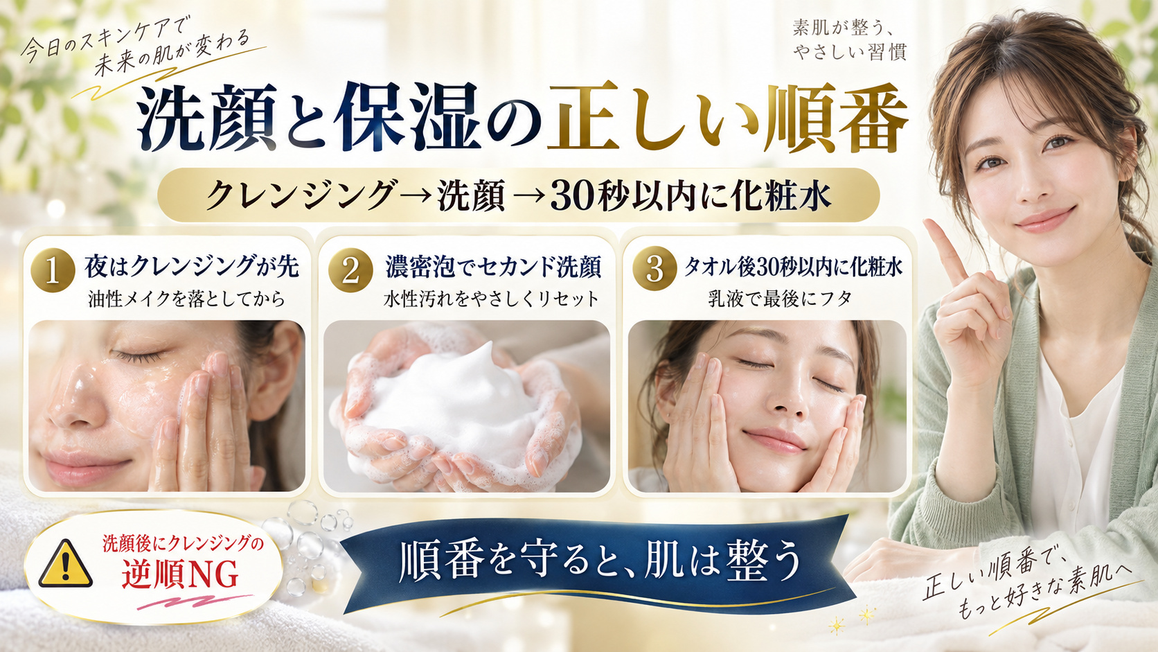 クレンジング、濃密泡洗顔、洗顔後30秒以内の化粧水の順番