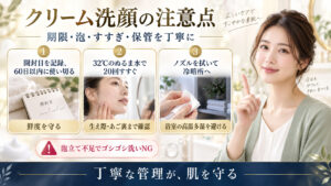 無添加洗顔の60日管理、ぬるま水すすぎ、ノズル清拭と冷暗所保管