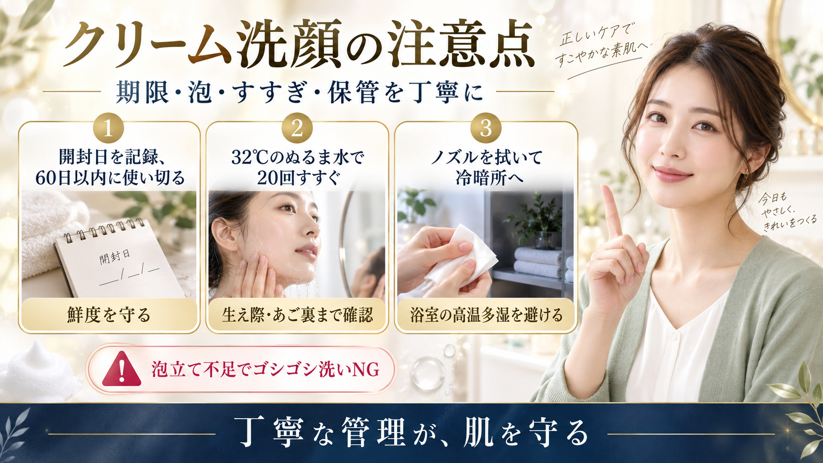 無添加洗顔の60日管理、ぬるま水すすぎ、ノズル清拭と冷暗所保管