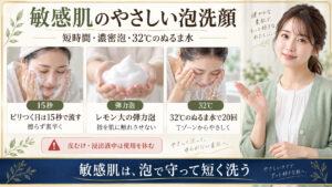 敏感肌向けの短時間泡洗顔、32度のぬるま水、摩擦を避ける洗い方
