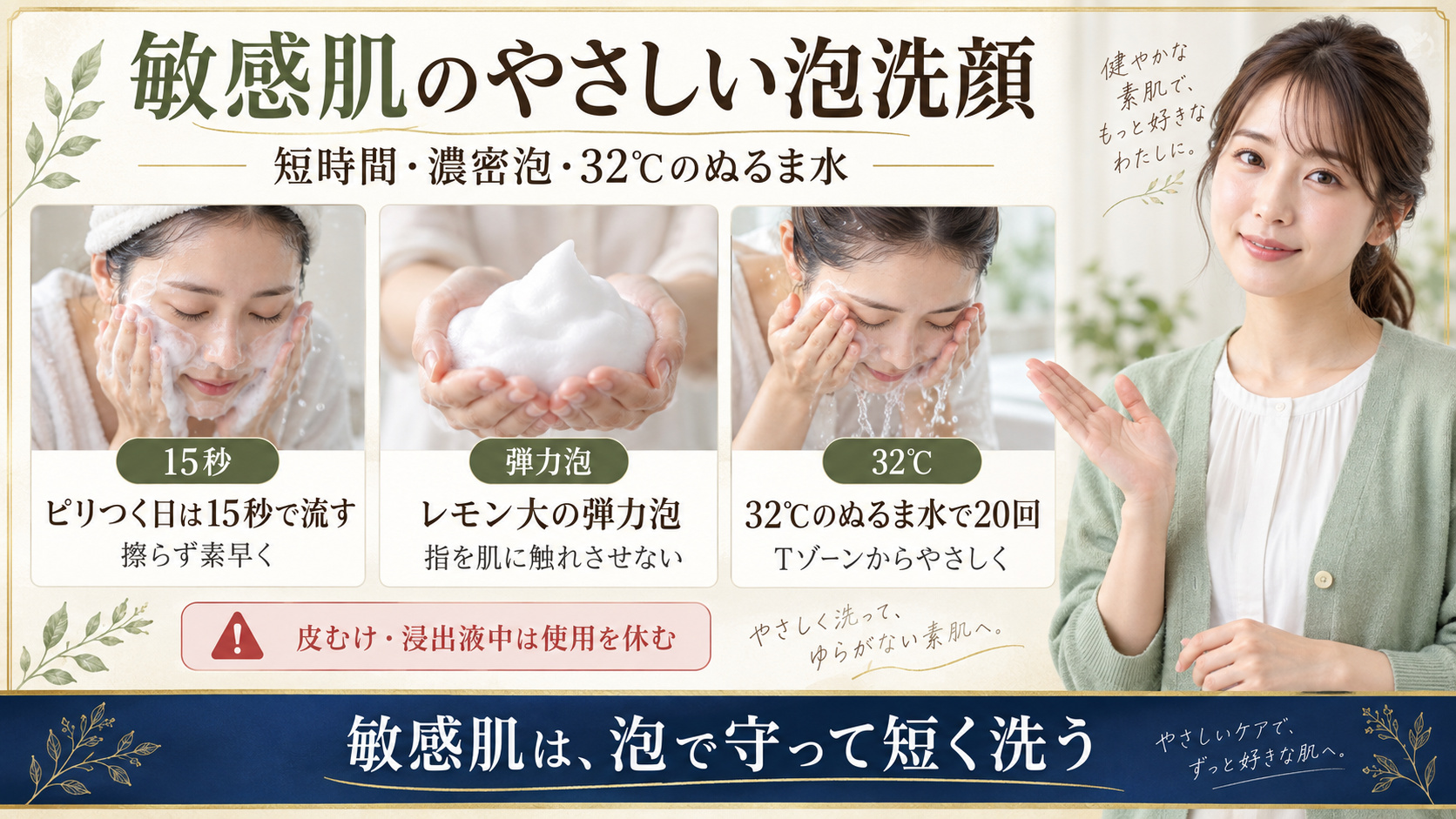 敏感肌向けの短時間泡洗顔、32度のぬるま水、摩擦を避ける洗い方