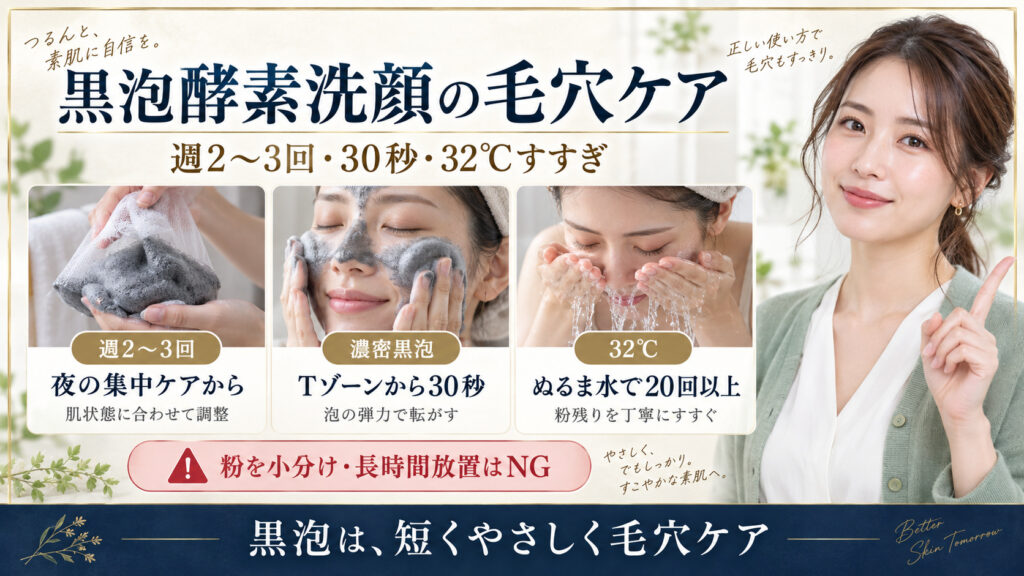 黒泡酵素洗顔の毛穴ケア、週2から3回、30秒、32度すすぎ