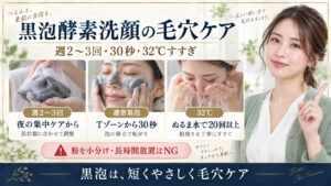 黒泡酵素洗顔の毛穴ケア、週2から3回、30秒、32度すすぎ