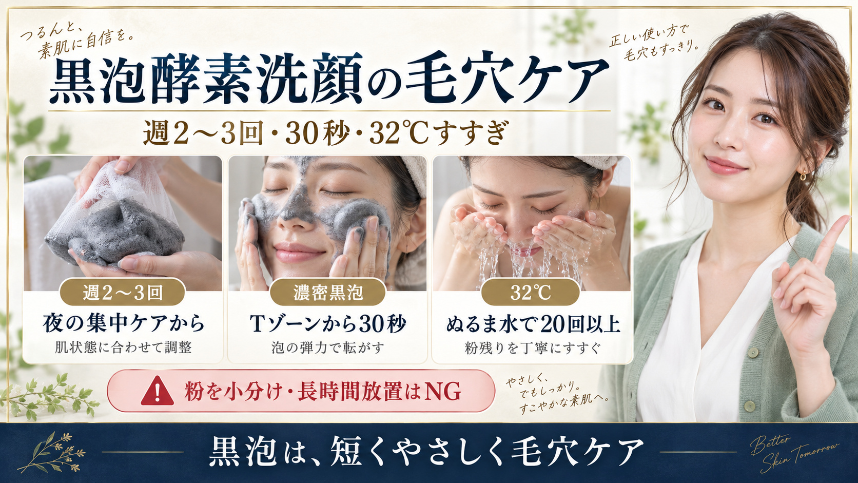 黒泡酵素洗顔の毛穴ケア、週2から3回、30秒、32度すすぎ