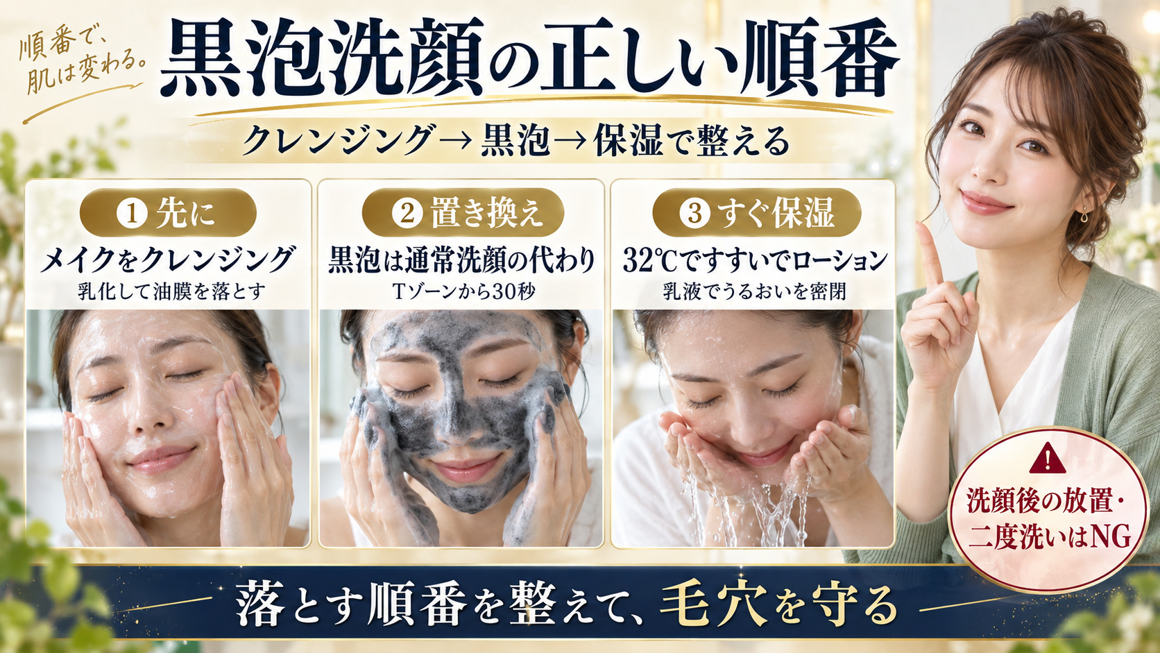 クレンジング、黒泡洗顔、化粧水と乳液の正しい順番