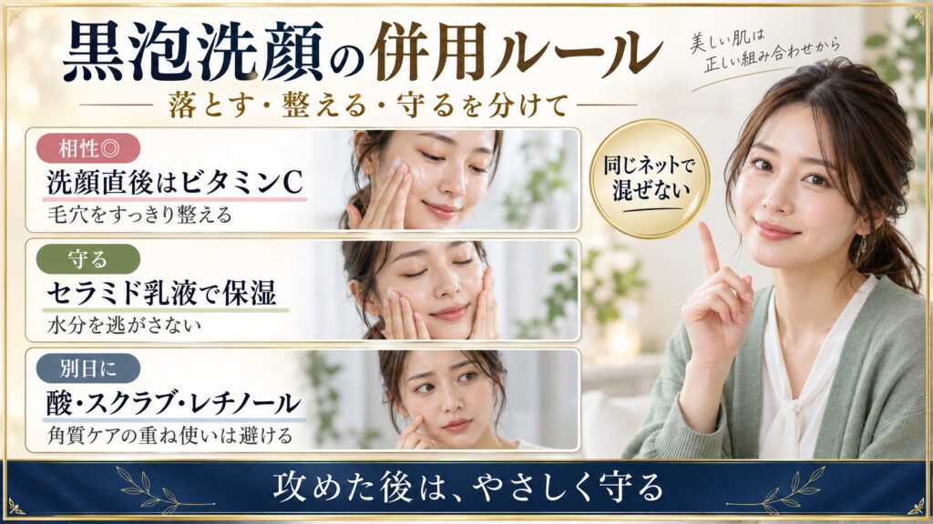 黒泡洗顔とビタミンCやセラミド乳液の併用ルール