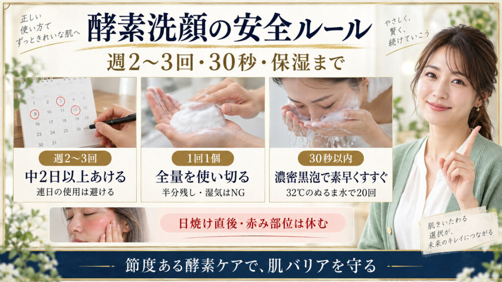酵素洗顔の頻度、30秒洗顔、全量使い切りと乾燥防止の注意点