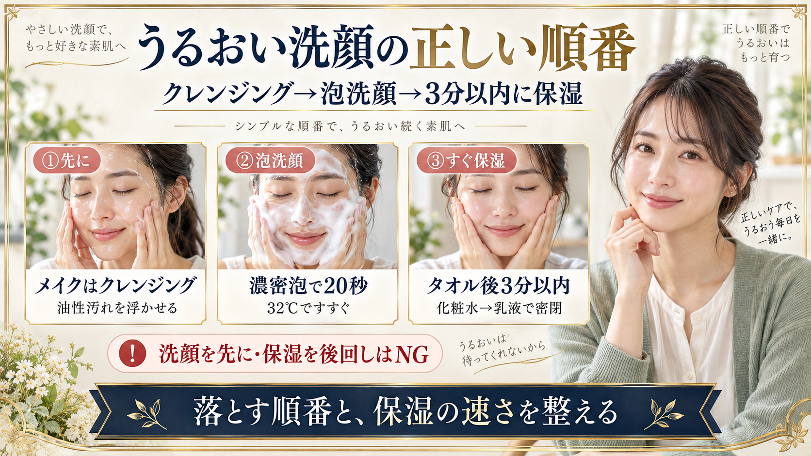 クレンジング、泡洗顔、化粧水と乳液の正しい順番