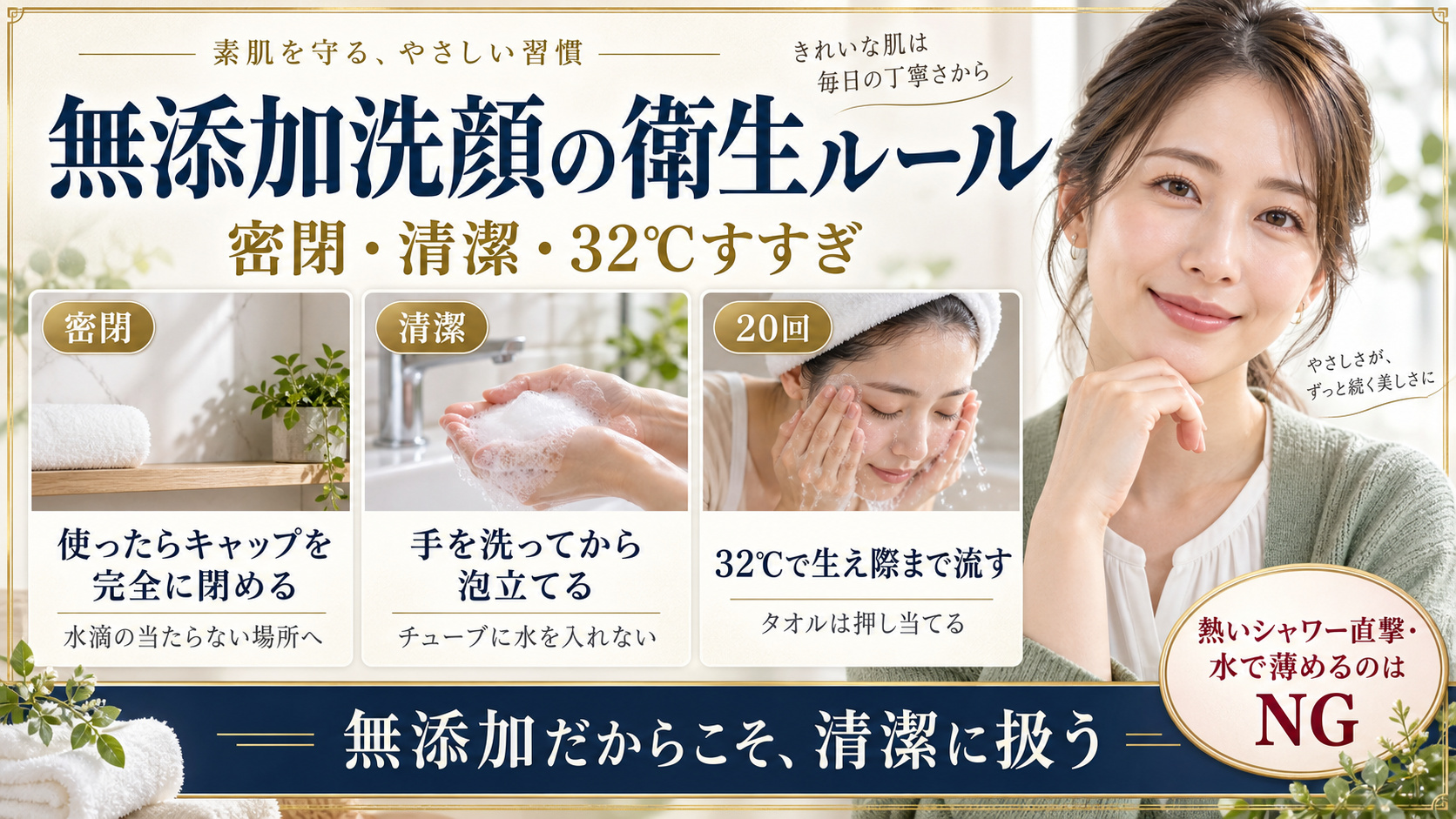 無添加洗顔の密閉保管、手洗い、32度すすぎの注意点