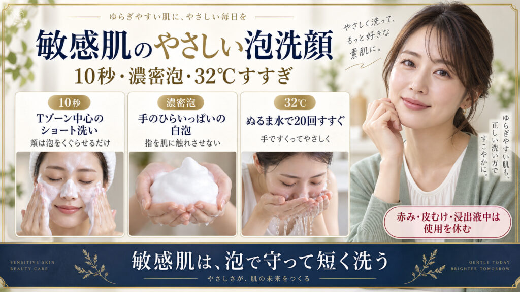 敏感肌向けの10秒泡洗顔、濃密泡、32度すすぎの手順