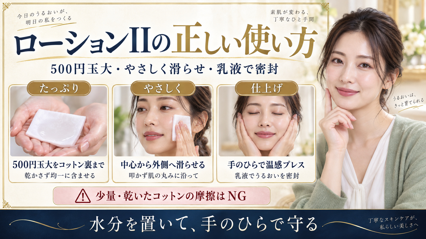 化粧水の500円玉大、コットン塗布、ハンドプレスと乳液での保湿手順