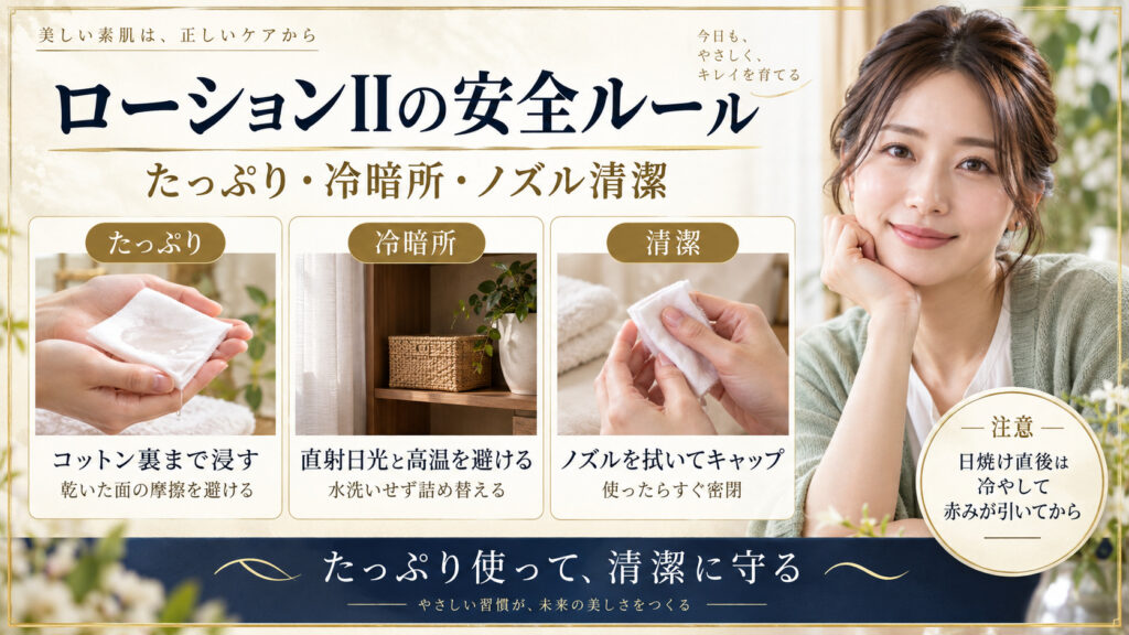 化粧水のコットン量、冷暗所保管、ノズル清潔の注意点