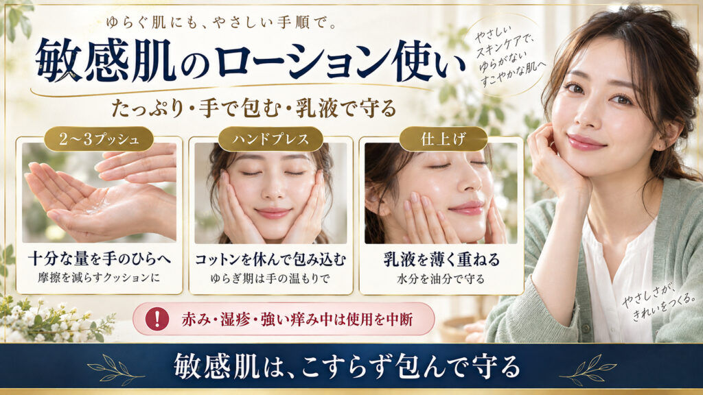 敏感肌の化粧水、十分な量、ハンドプレス、乳液で守る手順