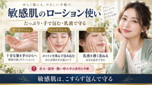 敏感肌の化粧水、十分な量、ハンドプレス、乳液で守る手順