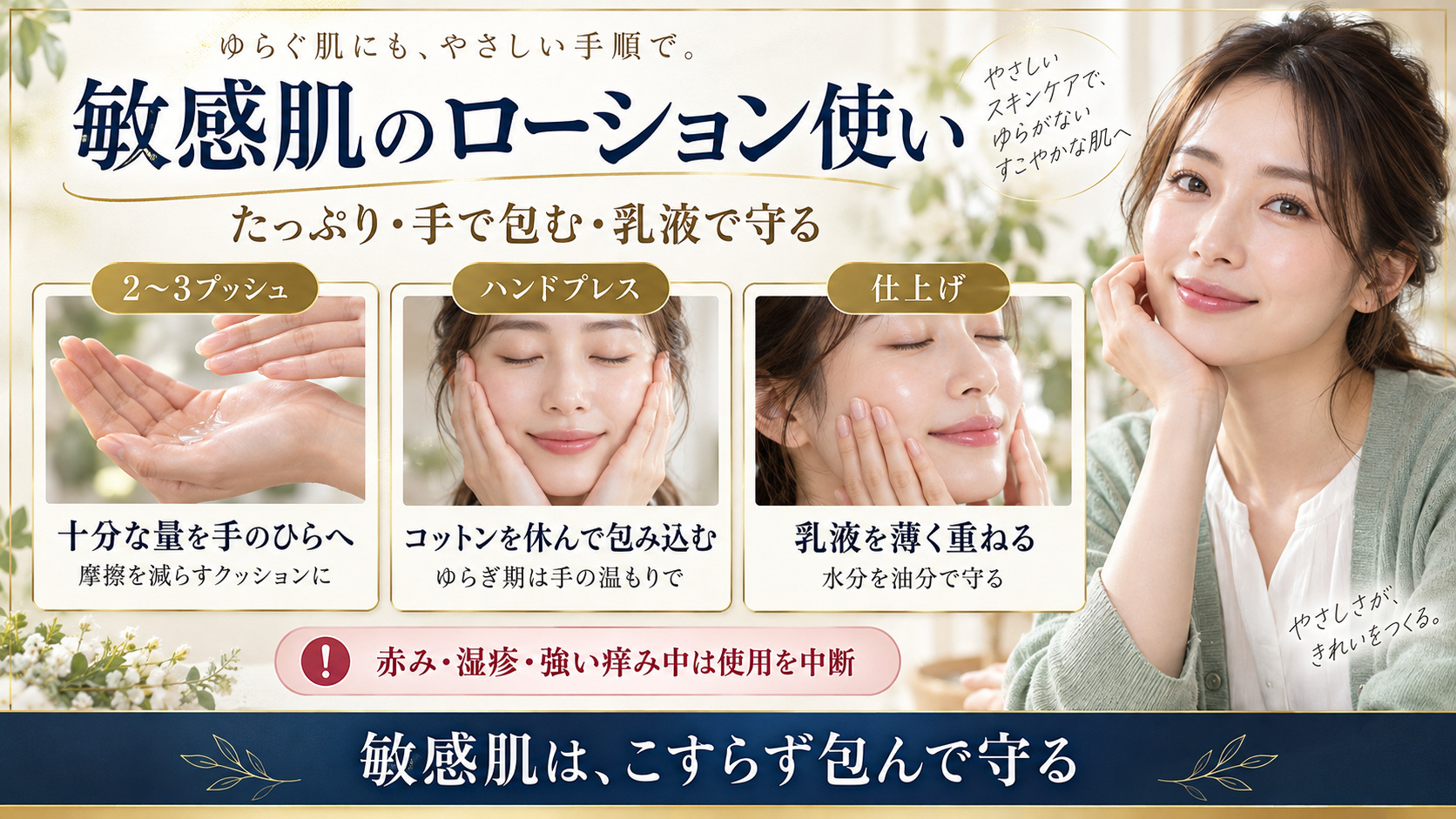 敏感肌の化粧水、十分な量、ハンドプレス、乳液で守る手順
